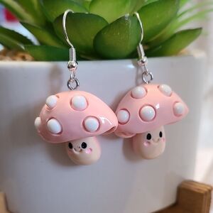 Handcrafted Pink Mushroom Dangle Drop Earrings NEW Nature Ladies/Girls Playful